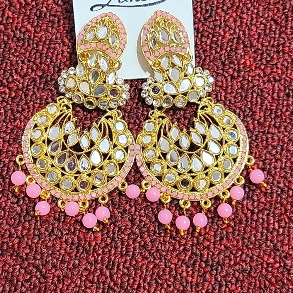 Indian Pakistani Traditional Chanbali Pink Gold Mirror Earrings